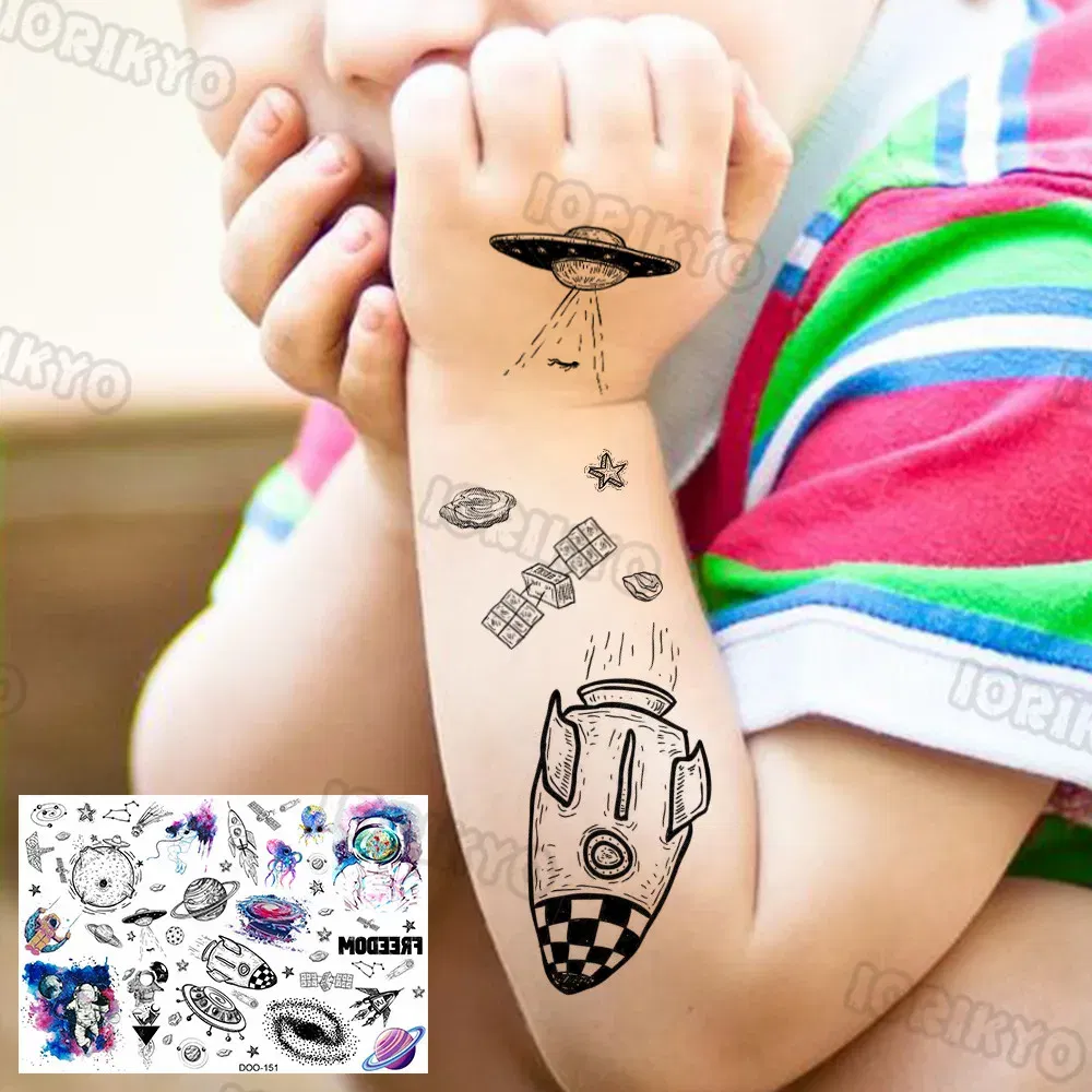 Color: Dark Khaki - Airplane Spaceman Temporary Tattoos For Kids Face Neck Boy Girls Adult Fake Planets Astronaut Tattoo Sticker Black Cartoon Tatoo