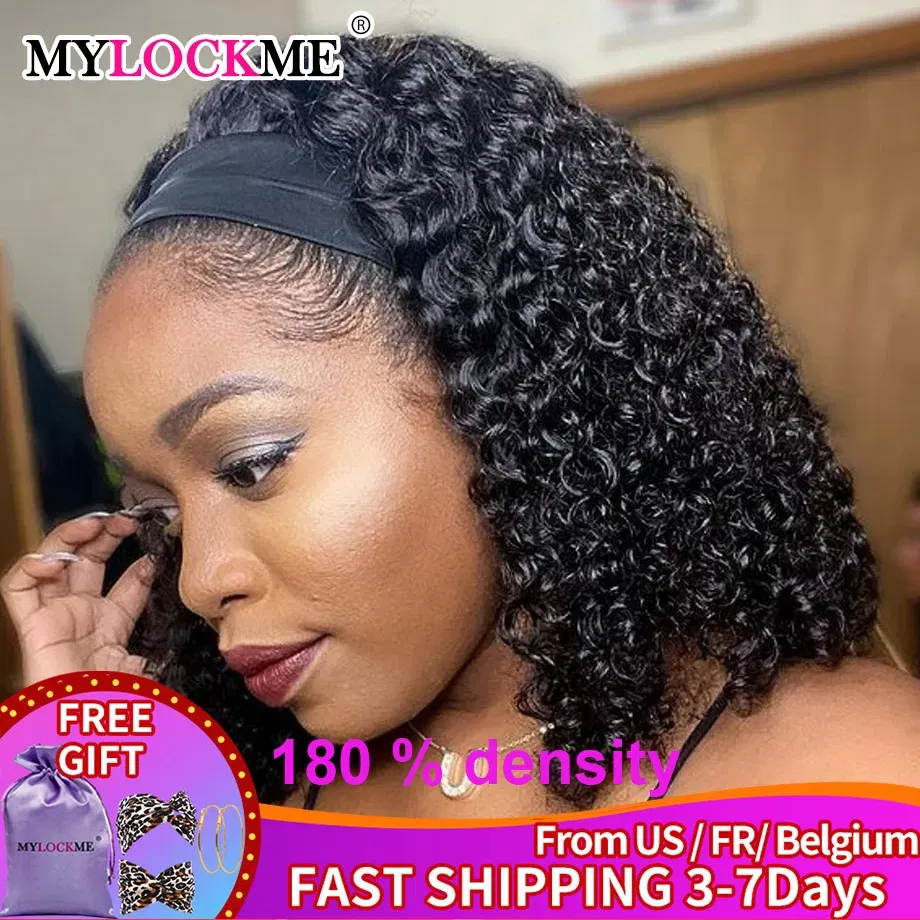 Hair Color: #130, Stretched Length: 16inches - Headband Wig Human Hair Kinky Curly MYLOCKME No Glue Full Machine Made Brazilian Remy Human Hair Wigs For Women 180% Density