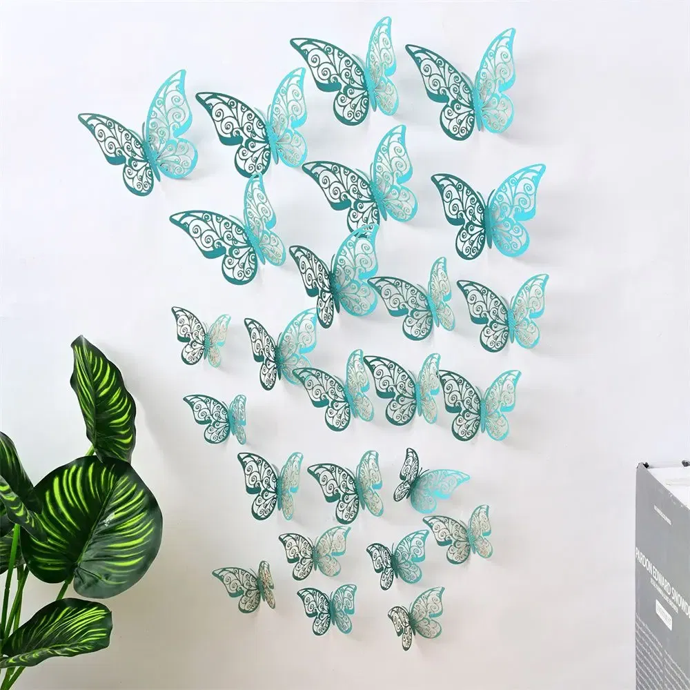 Color: army green - 12 Pieces 3D Hollow Butterfly Wall Sticker Bedroom Living Room Home Decoration Paper Butterfly