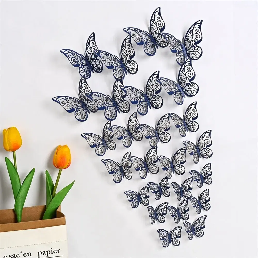 Color: army green - 12 Pieces 3D Hollow Butterfly Wall Sticker Bedroom Living Room Home Decoration Paper Butterfly