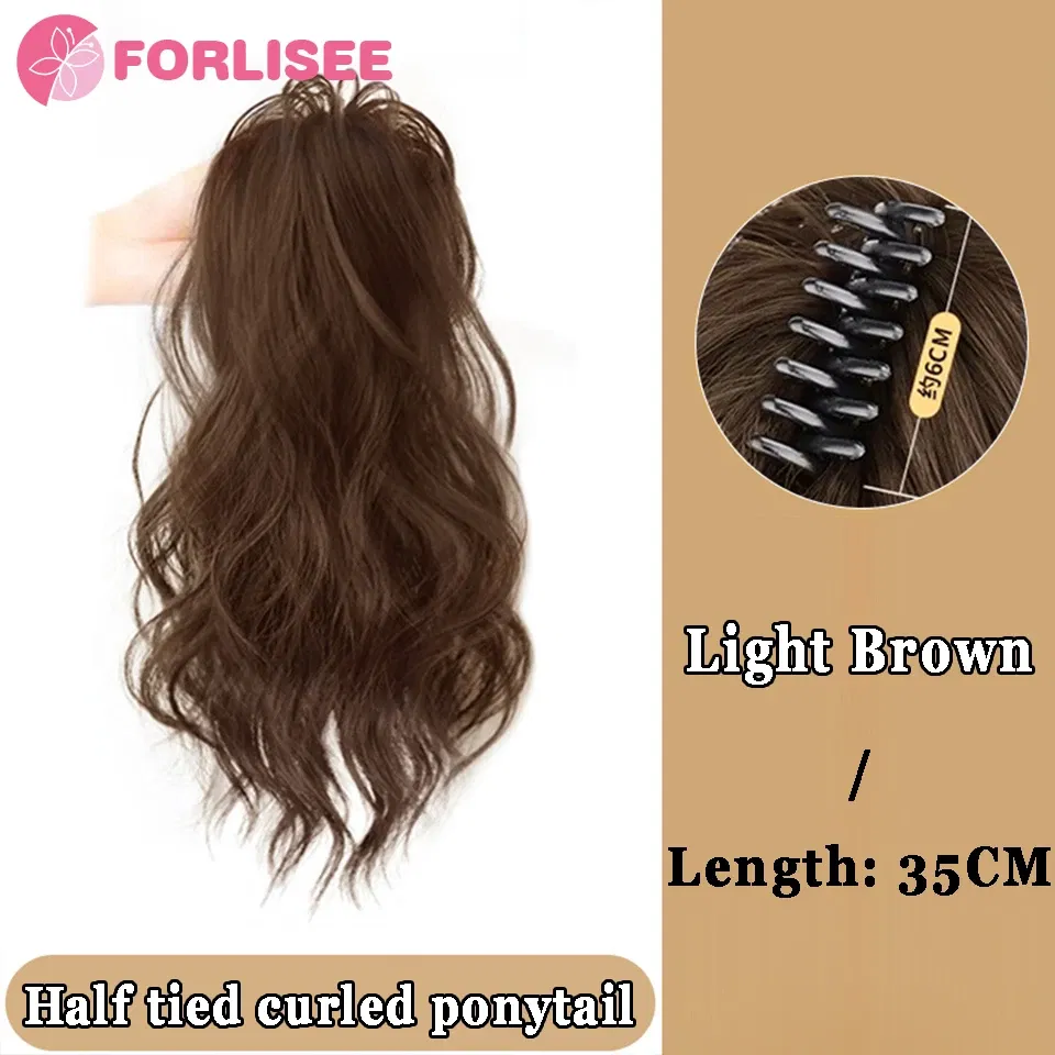 Color: T27/30/4 - Synthetic Tassel Bow Claw Clip Ponytail Temperament Slightly Curly Hair Natural Heat-resistant Chemical Fiber Wig Ponytail