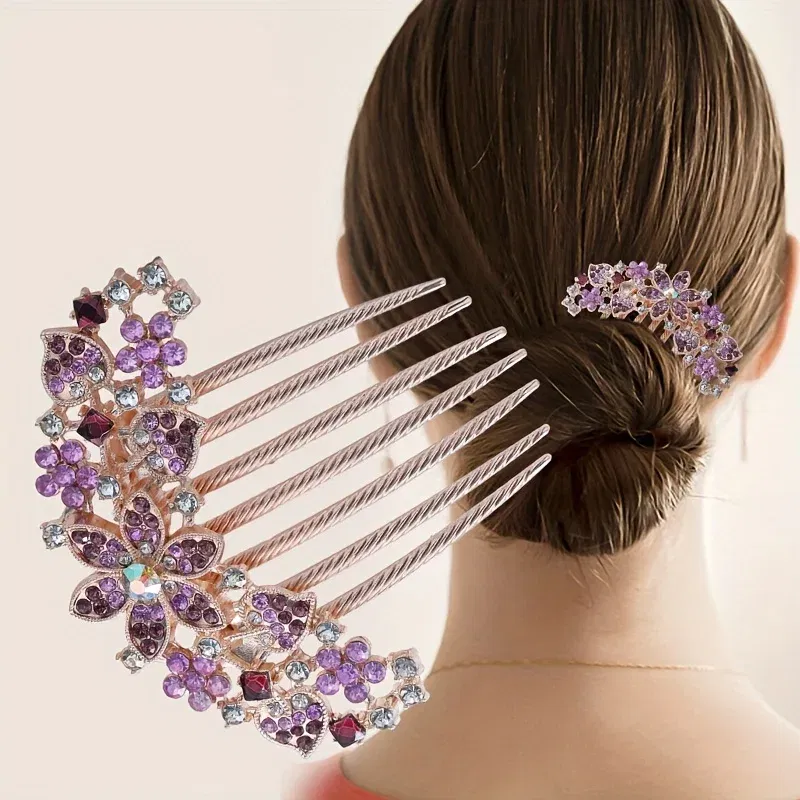 Color: Red - 1PC Elegant Rhinestone Hair Comb Flower Shaped Headwear Women Hair Jewelry Accessories