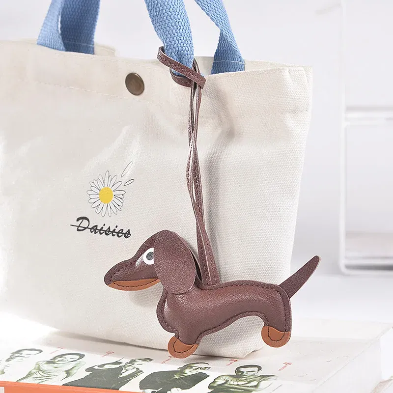 Color: Dark Brown - Classic Cute Puppy Dog Bag Pendant Key chain Fashion PU Leather Dachshund key Ring Accessories