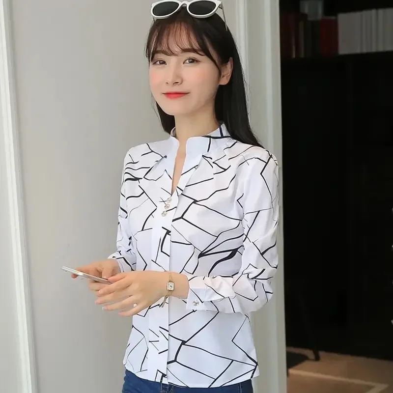 Color: green, Size: L - Women White Tops Blouses Fashion Stripe Print Casual Long Sleeve Office Lady OL Shirts Slim Blusas DF4970