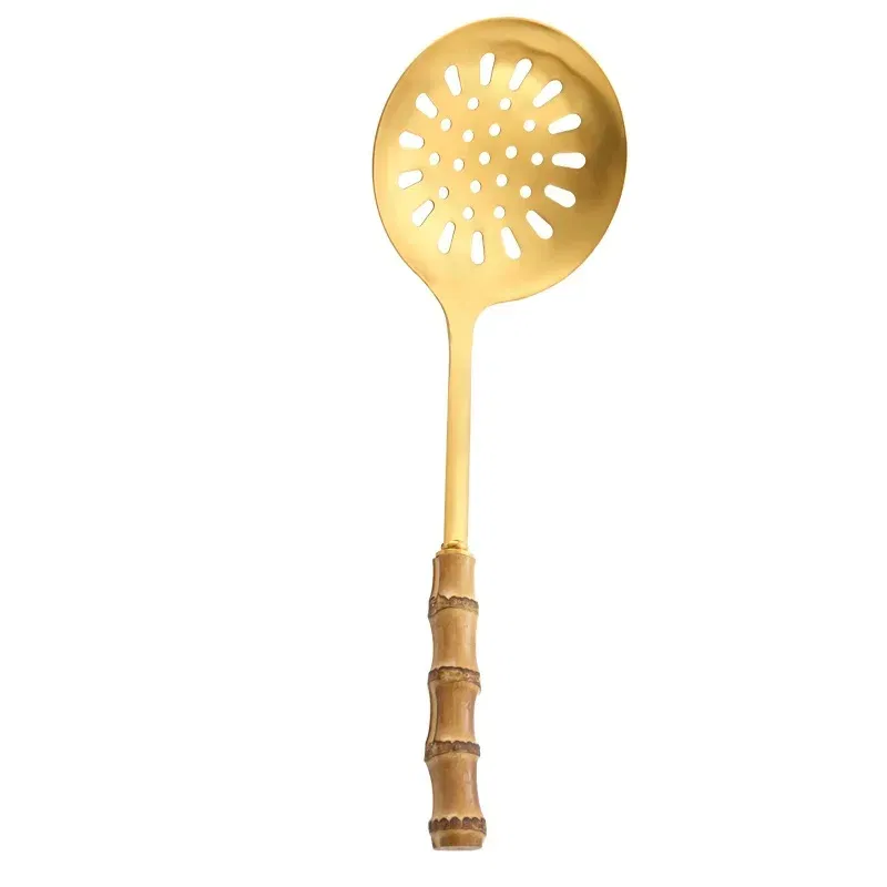 Color: Ivory - Natural bamboo handle stainless steel frying shovel Japanese-style soup spoon Creative new colander shovel kitchen utensils set