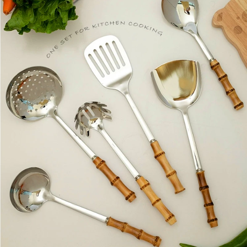 Color: Ivory - Natural bamboo handle stainless steel frying shovel Japanese-style soup spoon Creative new colander shovel kitchen utensils set