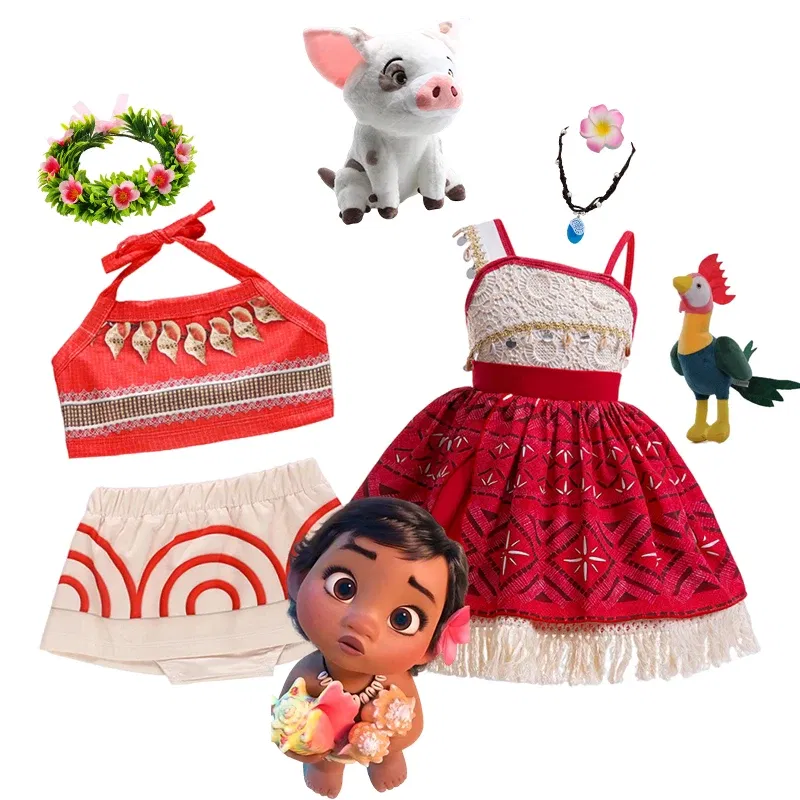Color: green, Kid Size: 2T - Disney New Moana Dress Costumes Kids Girl Cosplay Toddler Movie Ocean Adventure Infant Frock Halloween Party With Chick Clothes