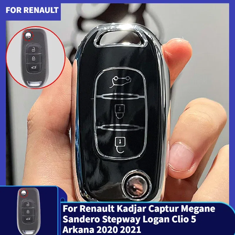Color Name: Black - For Renault Kadjar Captur Megane Sandero Stepway Logan Clio 5 Arkana 2020 2021 TPU Car Flip Key Case Cover Key Protector