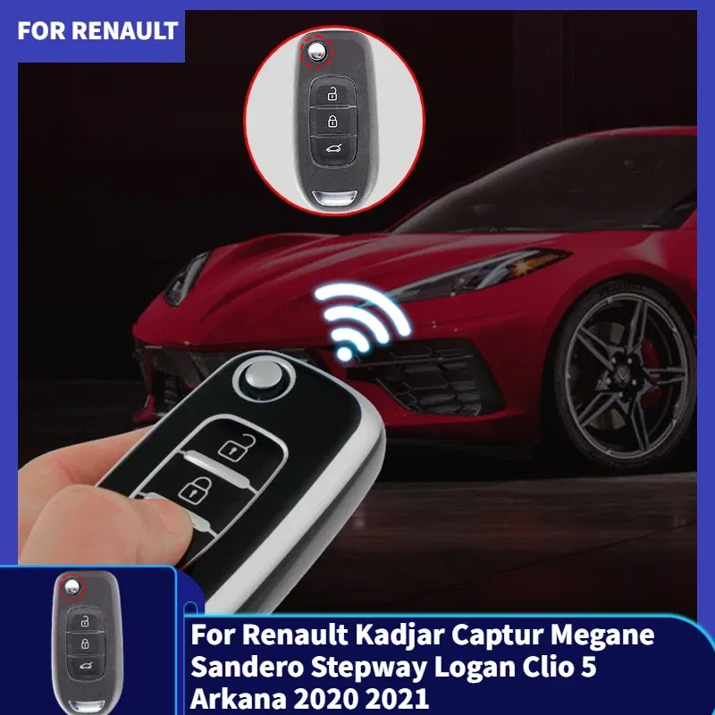 Color Name: Black - For Renault Kadjar Captur Megane Sandero Stepway Logan Clio 5 Arkana 2020 2021 TPU Car Flip Key Case Cover Key Protector