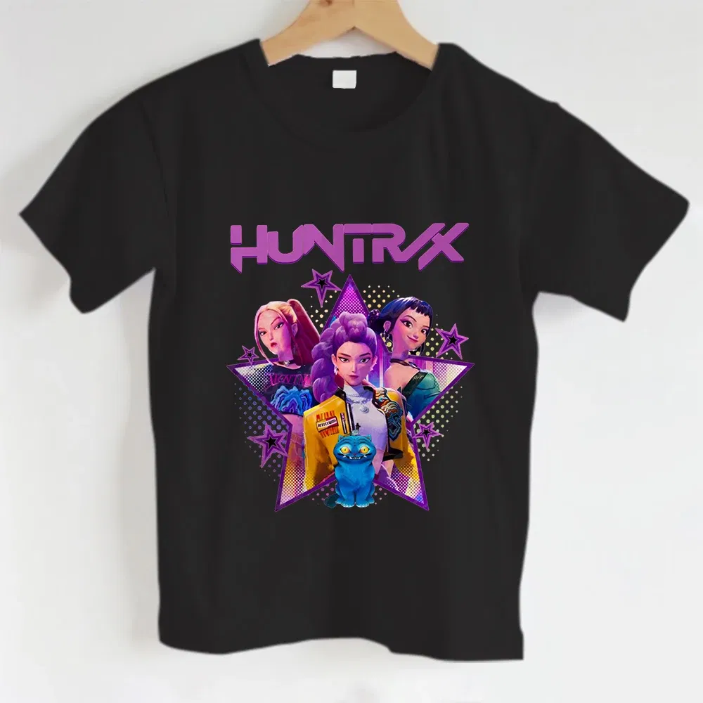 Color: Gold, Kid Size: 12 - KPOP Hunters Anime series pattern Girl T-shirt, Huntrix girl Group cute T-shirt