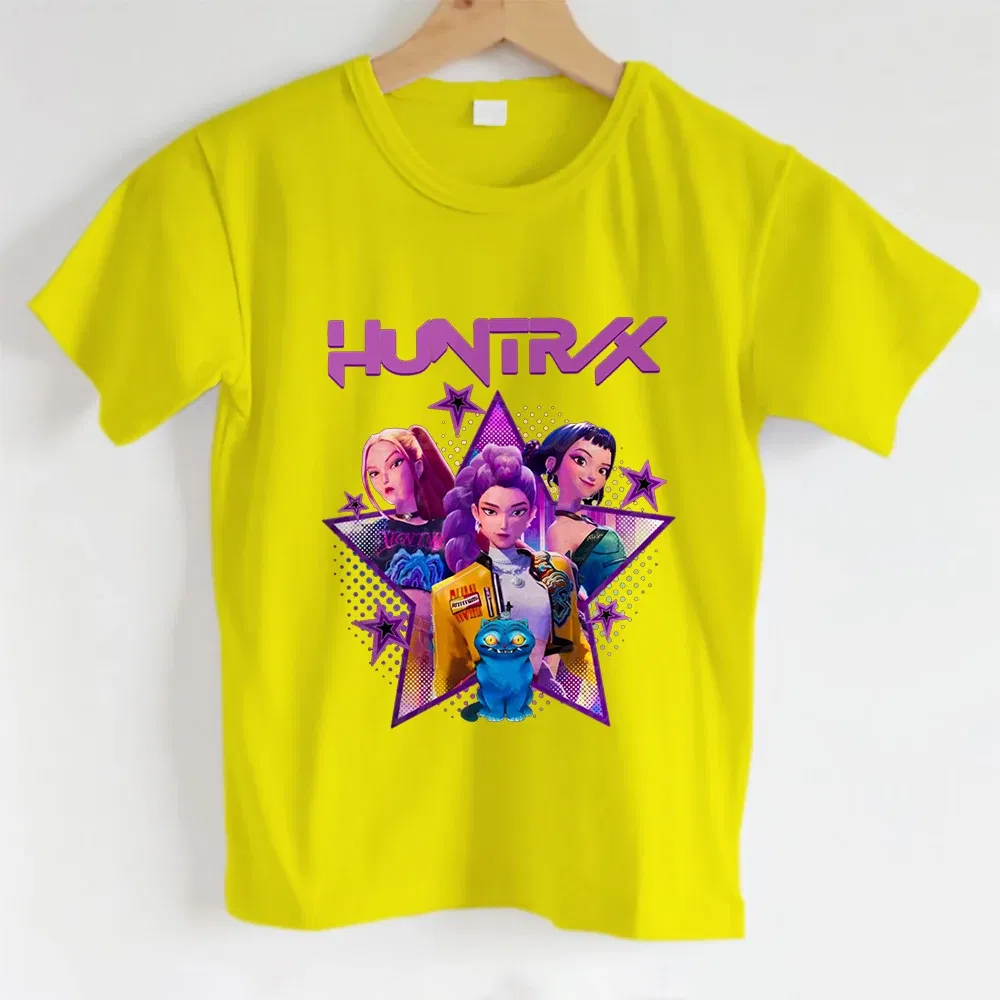 Color: Gold, Kid Size: 12 - KPOP Hunters Anime series pattern Girl T-shirt, Huntrix girl Group cute T-shirt