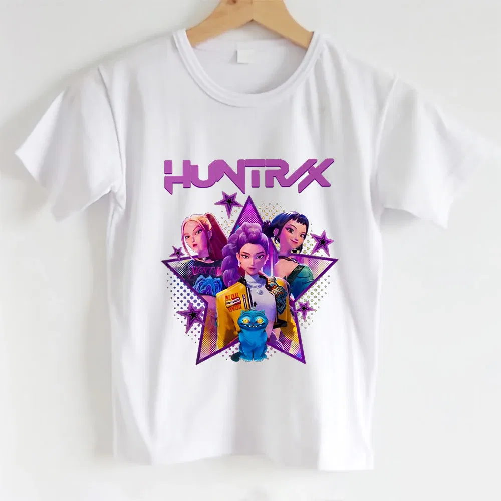 Color: Gold, Kid Size: 12 - KPOP Hunters Anime series pattern Girl T-shirt, Huntrix girl Group cute T-shirt