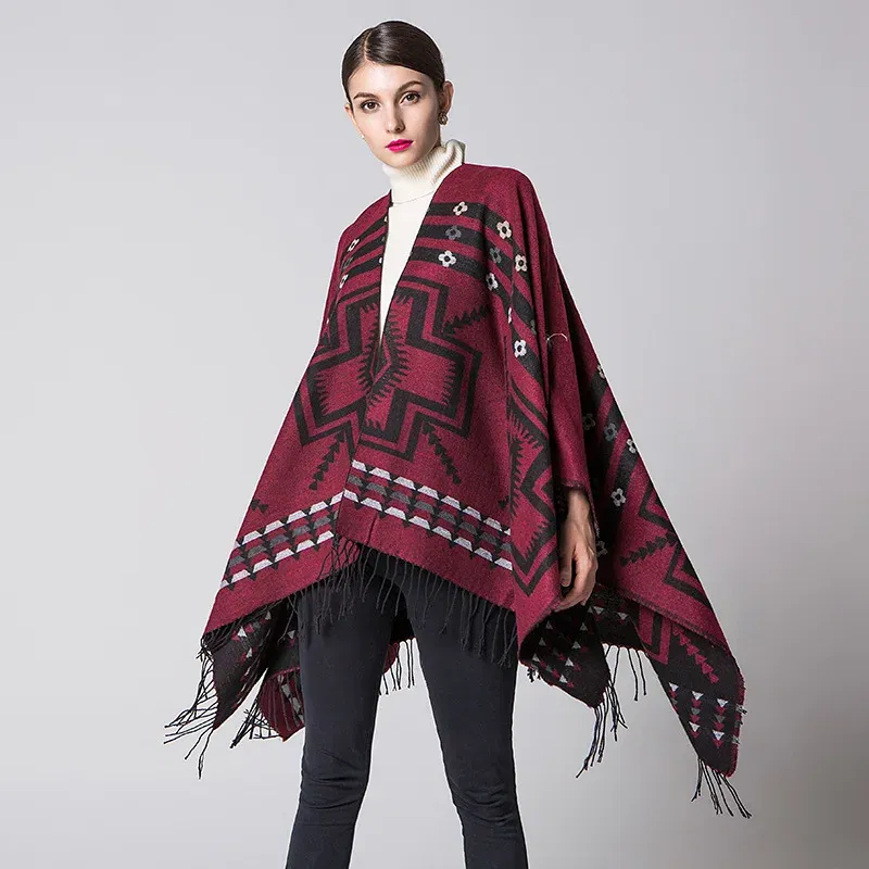 Color: Red, Size: One Size - European American Popular Tassel Thickened Cashmere Like National Style Travel Fork Shawl Scarf in autumn Ponchos Capes P9