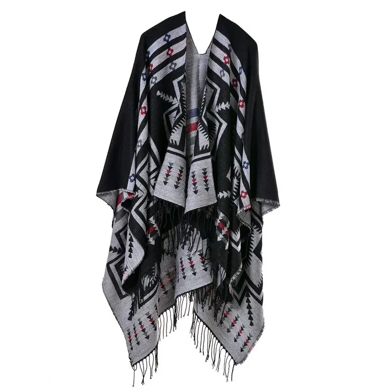 Color: Red, Size: One Size - European American Popular Tassel Thickened Cashmere Like National Style Travel Fork Shawl Scarf in autumn Ponchos Capes P9