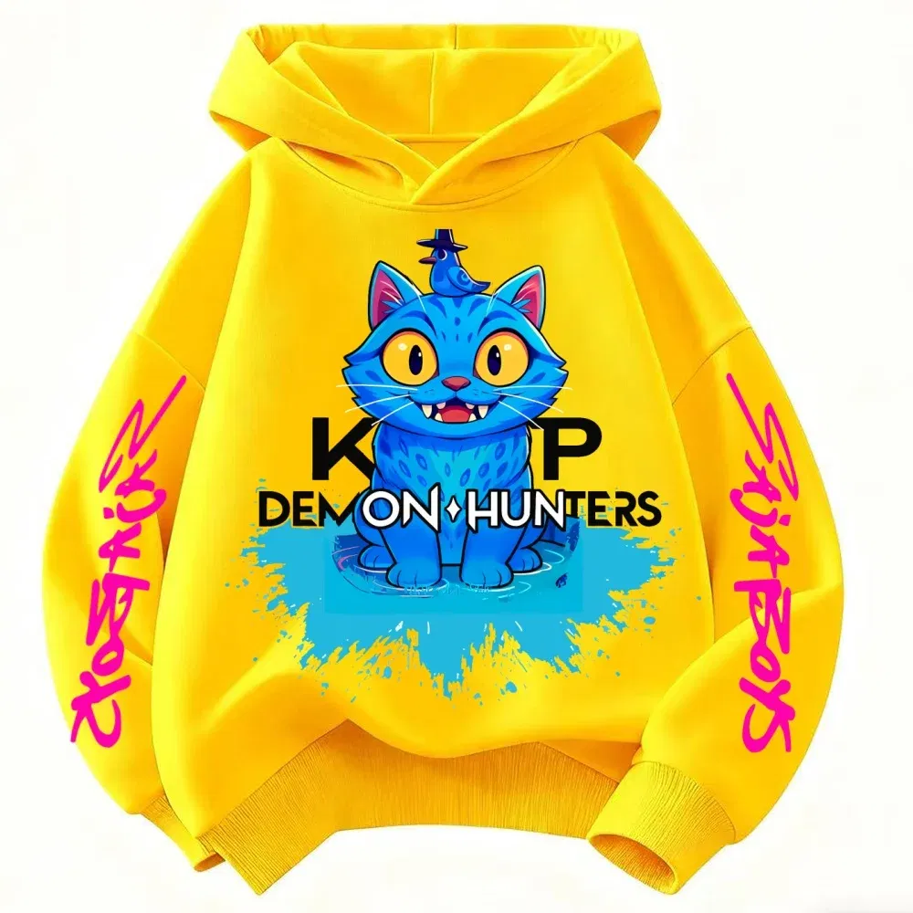 Color: Yellow, Kid Size: 4T - 2025 New Saja Boys Derpy KPop Demon Hunter Cartoon Boy Hooded Sweatshirt Warm Wave Fashion Casual Tops Casual Black Clothing