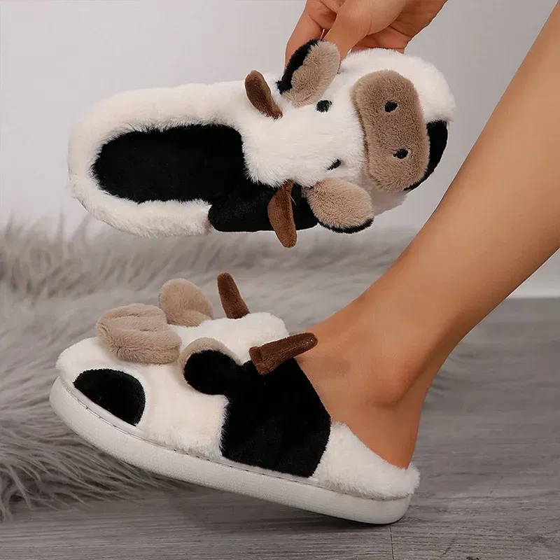 Shoe Size: 44-45 - Ladies' Winter Slippers Cute Cartoon Heart Animal Cow Fur Warm Cotton Anti-Slip Home Comfortable Girls' Footwear