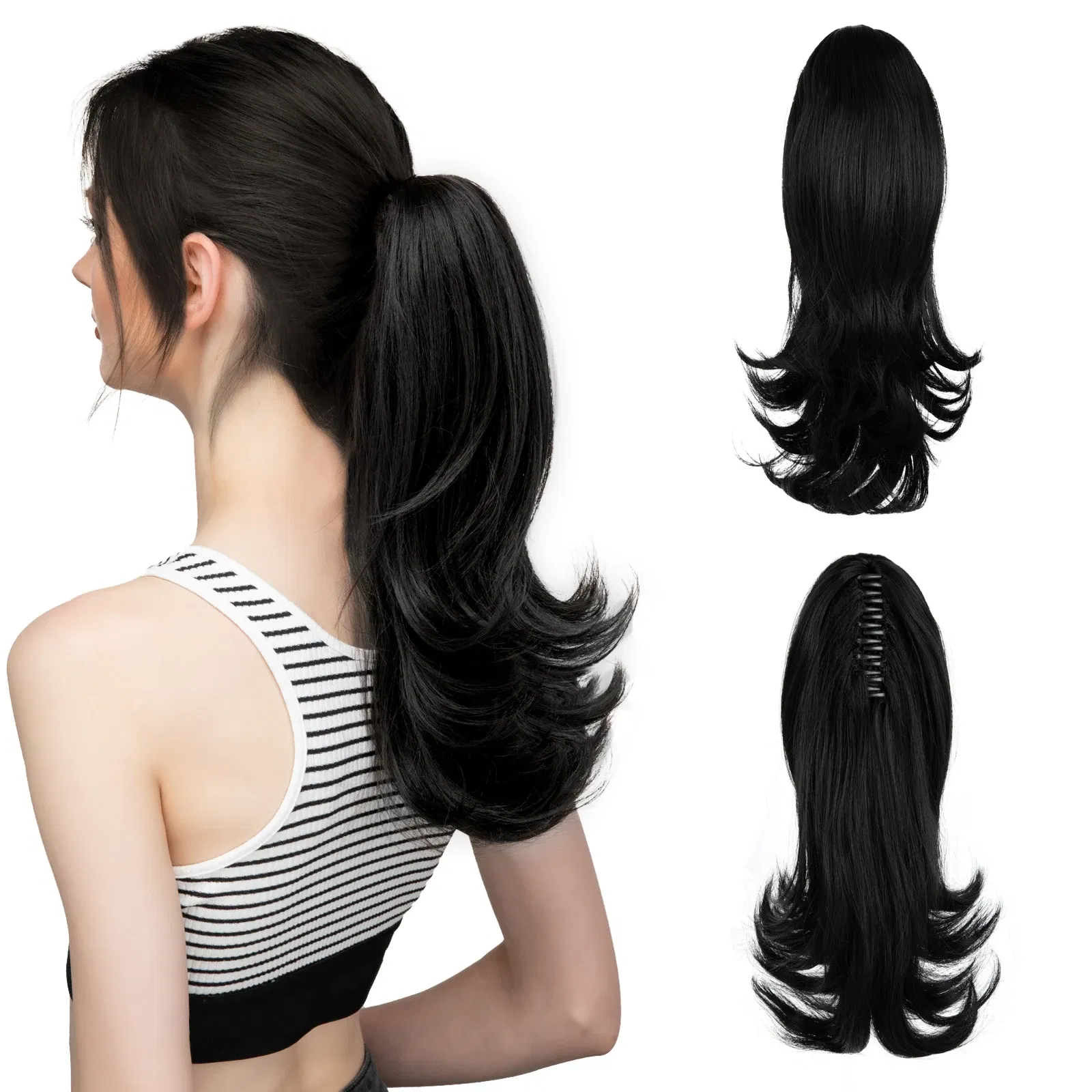 Color: T1B/613, Stretched Length: 14inches - Synthetic Claw Clip In Ponytail Hair Extensions 14 Inch Wavy Hairpiece Fake Blonde Black Hair False Pigtail With Elastic Band