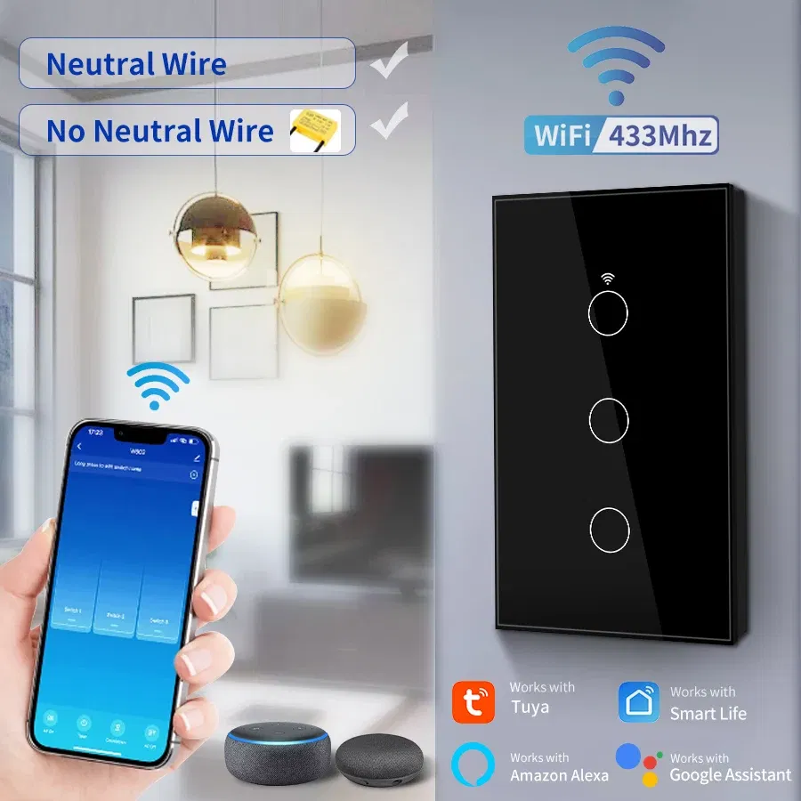 Color: GRAY, Size: 4XL - Tuya Smart Wifi Touch Switch Neutral Wire/No Neutral Wire Required US 1/2/3/4 Gang Light Switch For Alexa Google Home Alice