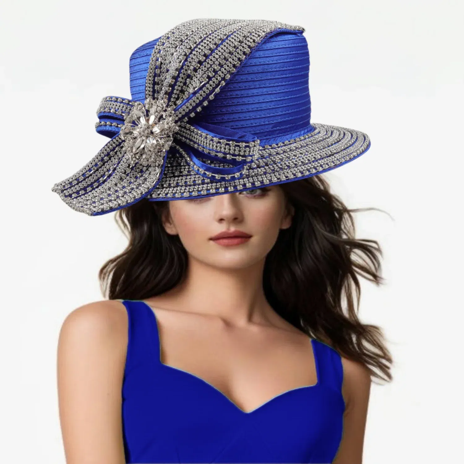 Color: WHITE - Unique Satin Cloth Church Hat Perfect Photography Rhinestone Formal Top Hat Deluxe Banquet Flower Wedding Hat Female Fascinator