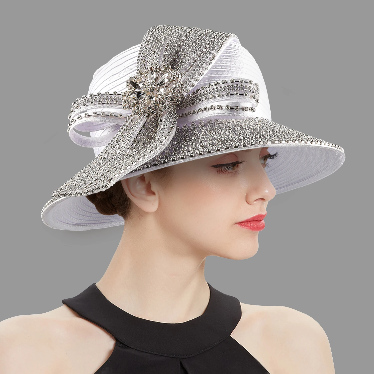 Color: WHITE - Unique Satin Cloth Church Hat Perfect Photography Rhinestone Formal Top Hat Deluxe Banquet Flower Wedding Hat Female Fascinator