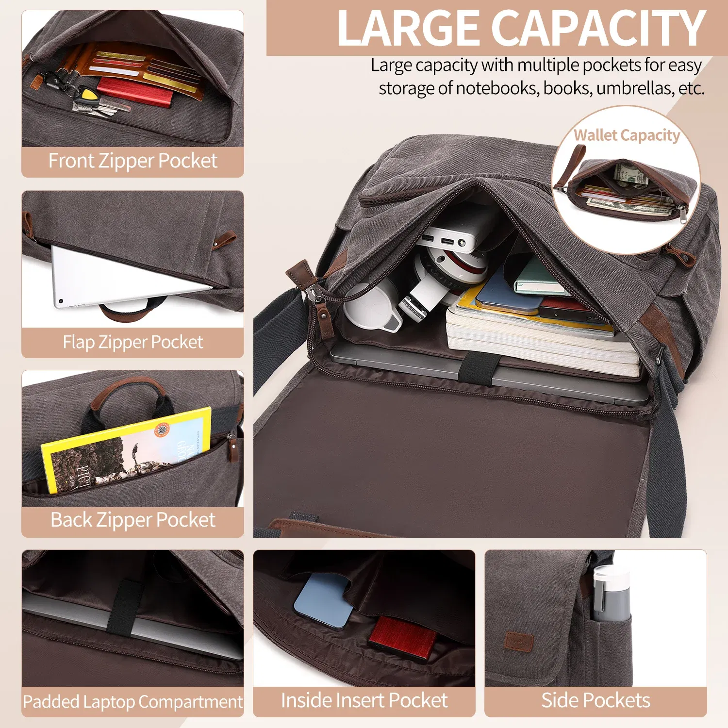 Color: black - Waterproof Canvas Messenger Bag for Men, Messenger Bag ,Shoulder Bag, Casual Computer Bag, Business Bag, Crazy Horse Cowhide