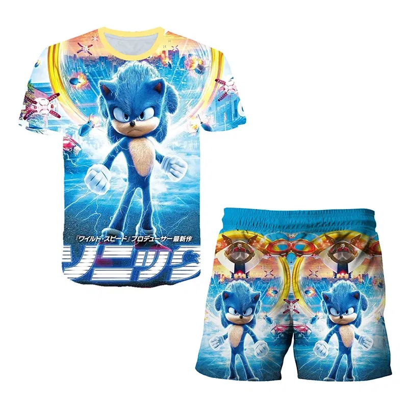 Color: black, Size: 40cm - New Japanese cartoon Sonic T-shirt children's top T-shirt shorts two-piece set summer boy cartoon cute T-shirt+beach pants