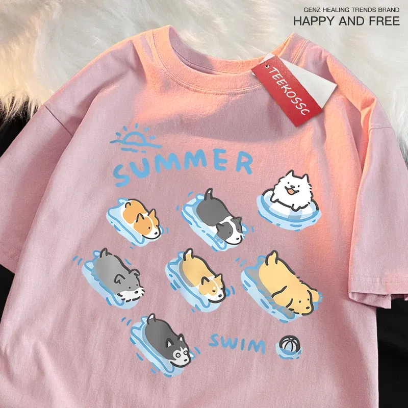 Color: black, Size: XXL - Fun Cat And Dog Swimming Japanese Style T-Shirt Female Casual Loose T-Shirts Summer Cotton Tops Fashion Breathable Tee Clothing