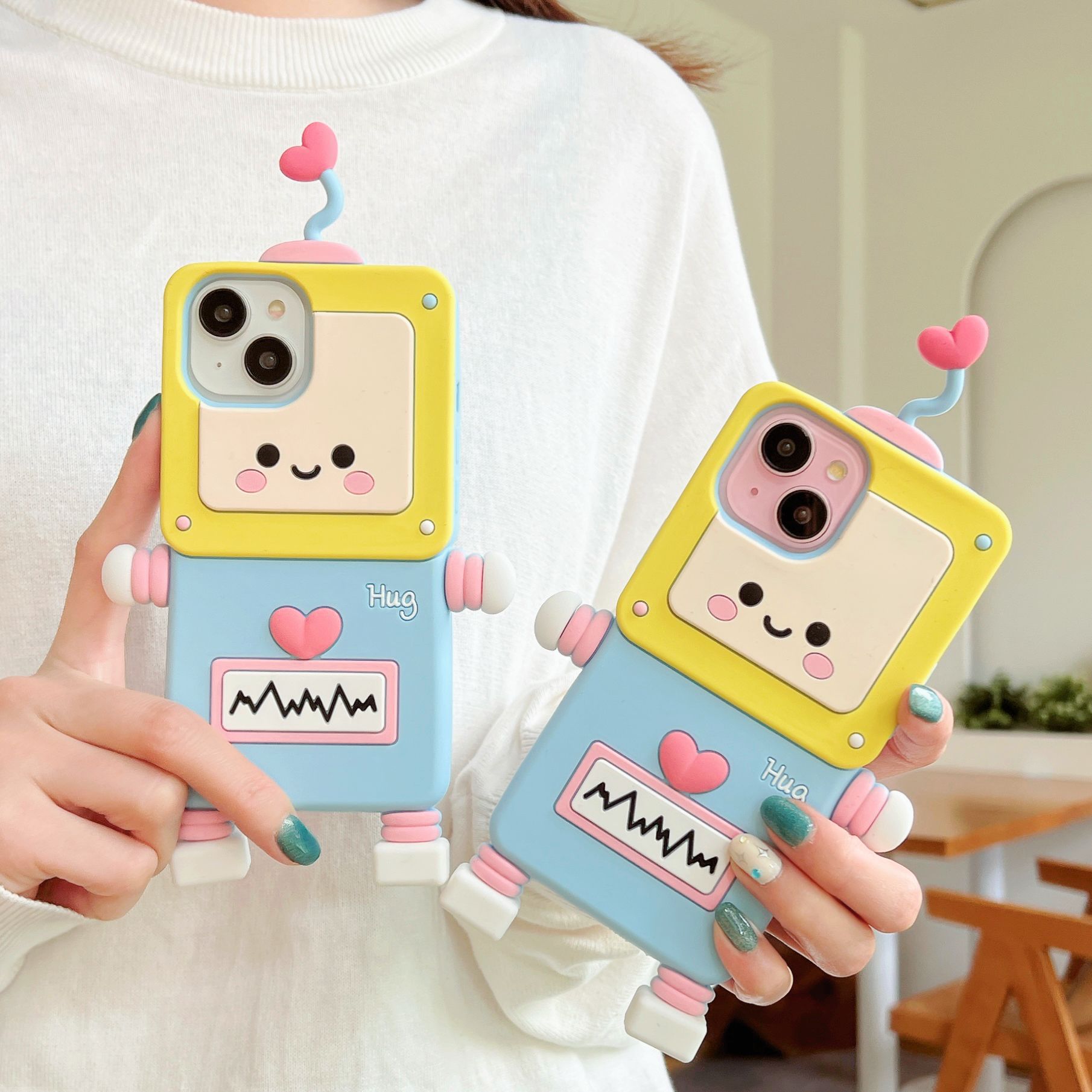 Material: Denim, Color: Beige - New Cartoon Love Antenna Robot Phone Case For iPhone 15 14 13 12 Pro Max 11 Drop Resistant Case Card