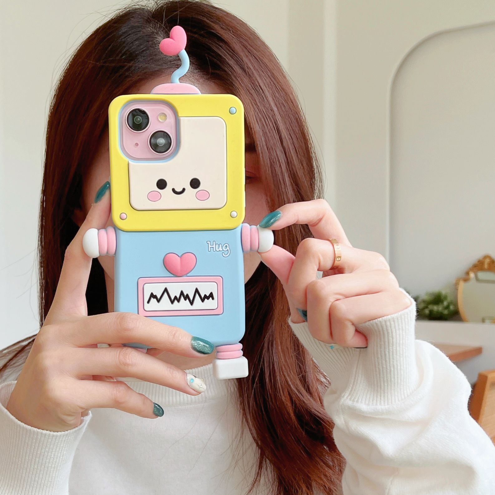 Material: Denim, Color: Beige - New Cartoon Love Antenna Robot Phone Case For iPhone 15 14 13 12 Pro Max 11 Drop Resistant Case Card