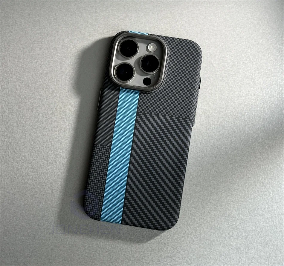 Color: SKY BLUE, Material: Plastic - Luxury Alloy Lens Personalized Pixel 3D Relief Carbon Fibre Pattern Case For iPhone 13 14 15 16 Pro Max Slim Cover For Magsafe