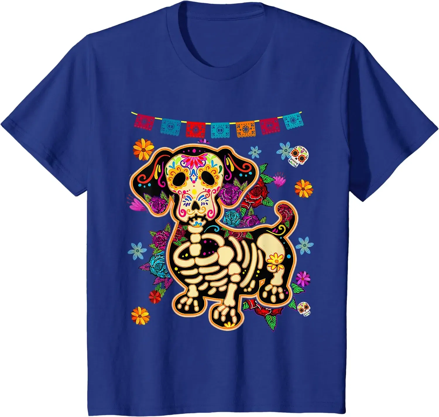 Color: Brown, Size: S - Sugar Skull Mexican Dachshund Bone Halloween Day of Dead T-Shirt Casual Cotton Four Seasons Graphic T Shirts Funny T Shirts