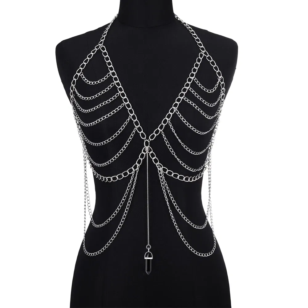 Metal color: Light Yellow Gold Color - Body Chain For Women Quartz Crystal Stone Chain Bra Metal Body Harness Top Sexy Accessories Jewelry
