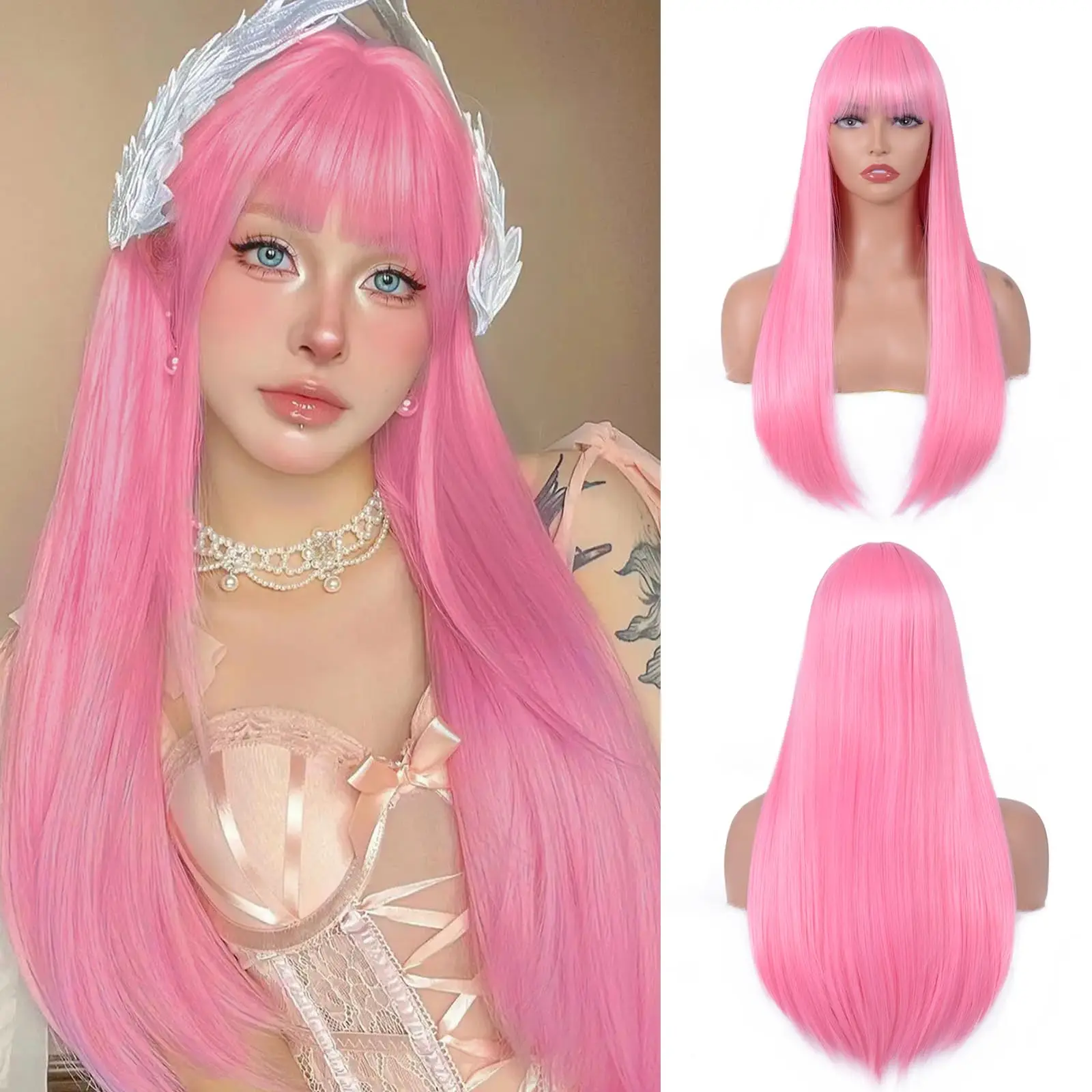 Color: #99J - Light golden synthetic wig with big waves for Halloween party, cosplay wig, everyday wig, high-temperature hair silk wig set