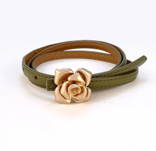 Color: green, Belt Length: 105CM - 1.0cm New Unique Rose Genuine Leather Gold Belt Women Fashion Cowskin Flower Thin Belts Female Jeans Dress Waistband