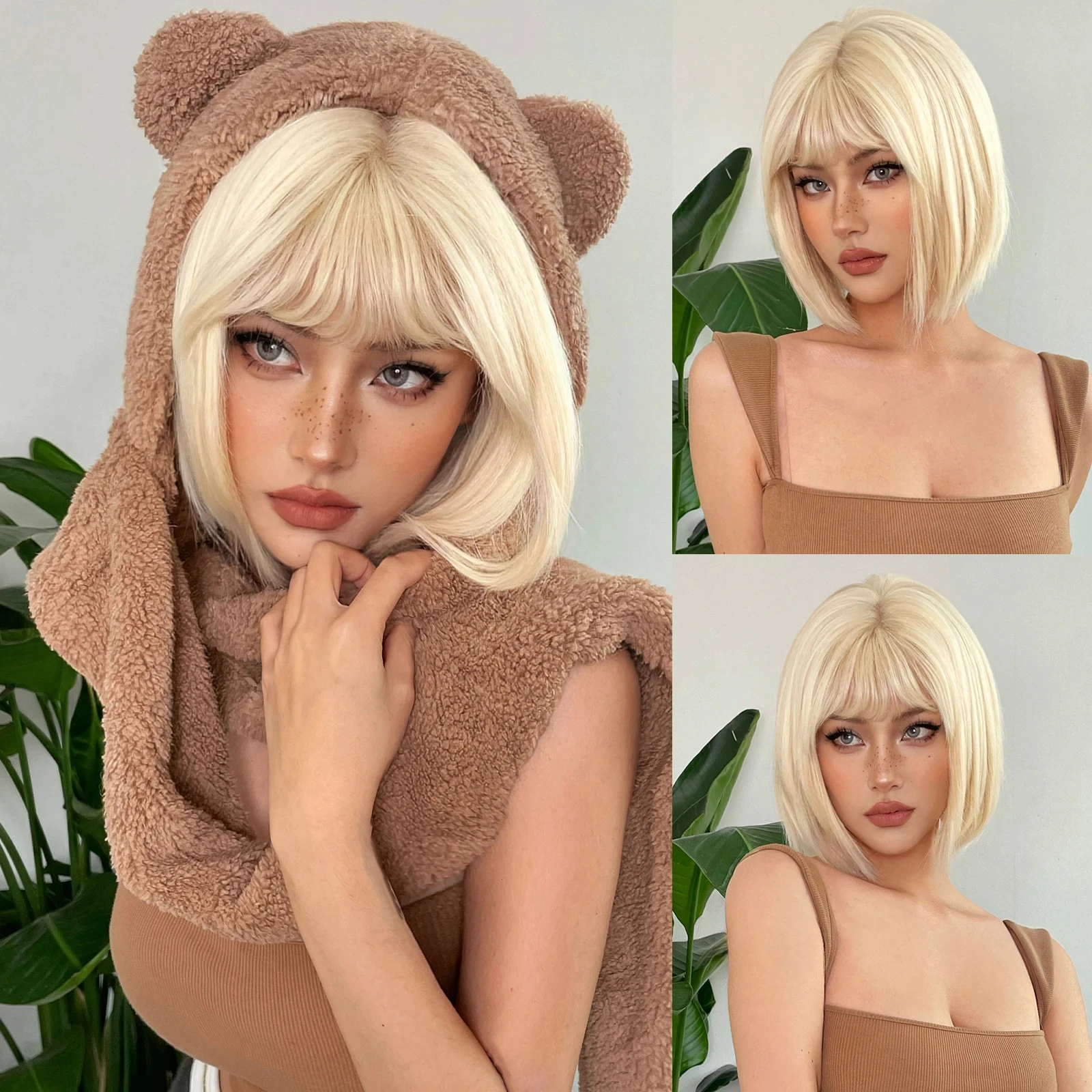 Color: #33 - Blonde synthetic wig with straight bangs Ladies Cosplay wig High temperature silk wig set with big waves and long curly hair