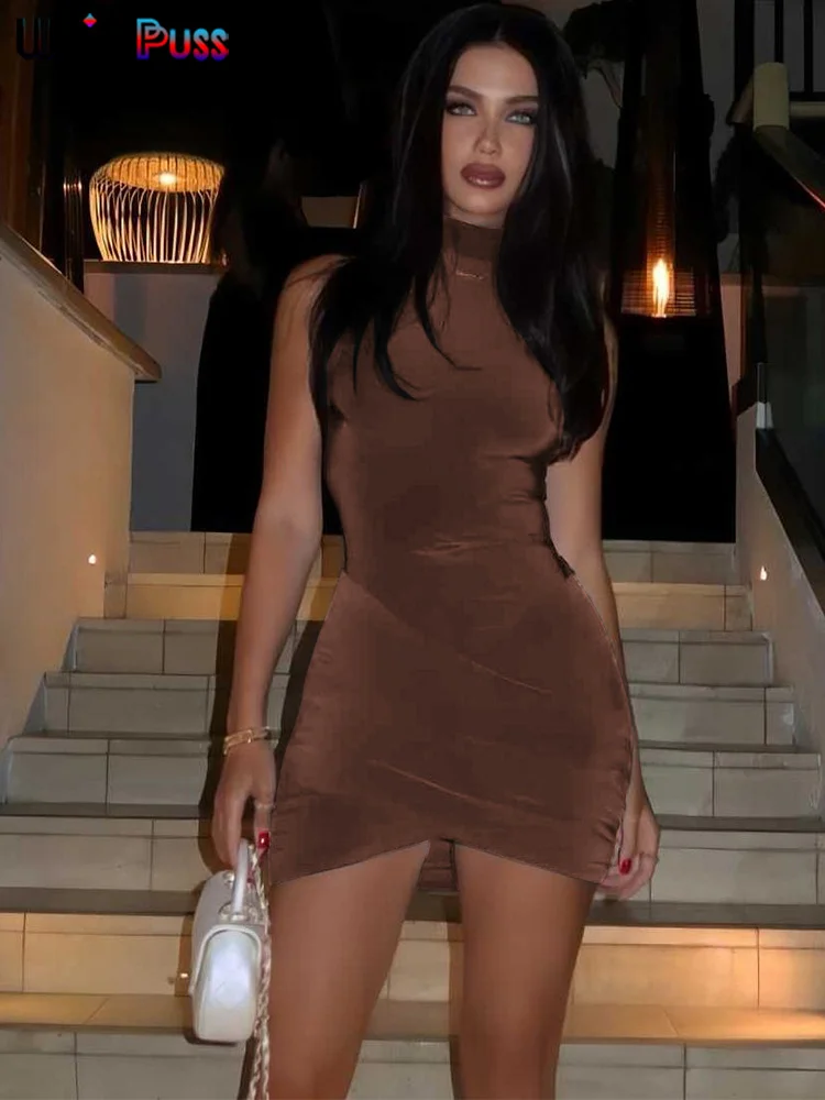 Color: Coffee, Size: M - Weird Puss Cross Ruffles Mini Dress Woman Summer Sexy Solid Half High Collar Sleeveless Trend Chic Party Clubwear Skinny Bodycon