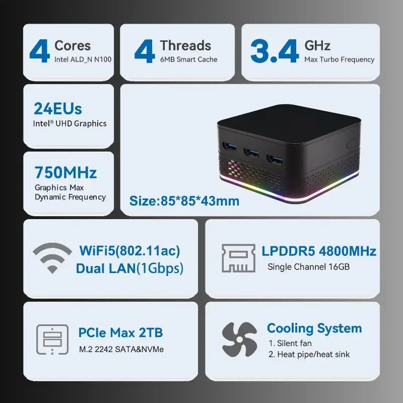 Color: WHITE, Ships From: CHINA - Top T9 Plus Quad Core Windows 11 Small Mini PC, Intel Alder Lake N100,16GB LPDDR5 ,256/512GB/1TB SSD, Dual 1000M LAN ,Three HD