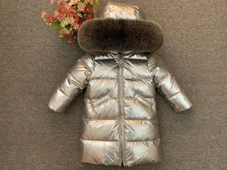 Color: Gold, Kid Size: 10 - Children Girl boy Winter real fur thickened down jackets 90 down Long Coat jacket overcoat baby kids clothing -30 outwear ws1245