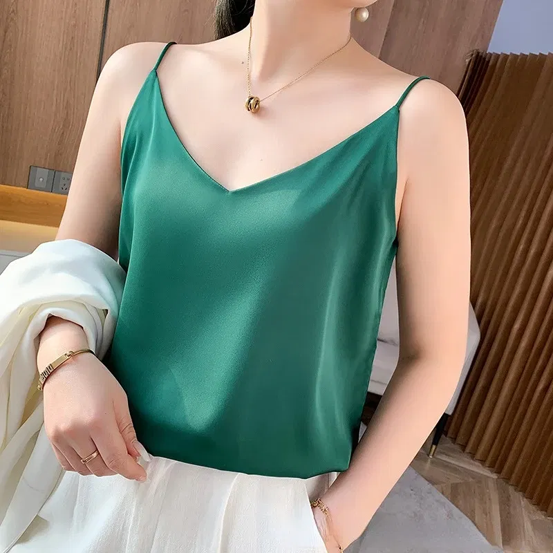 Color: Red, Size: L - Fashion Silky Camisole Women's Inner With White Bottoming Satin Top Summer V-neck Thin Section