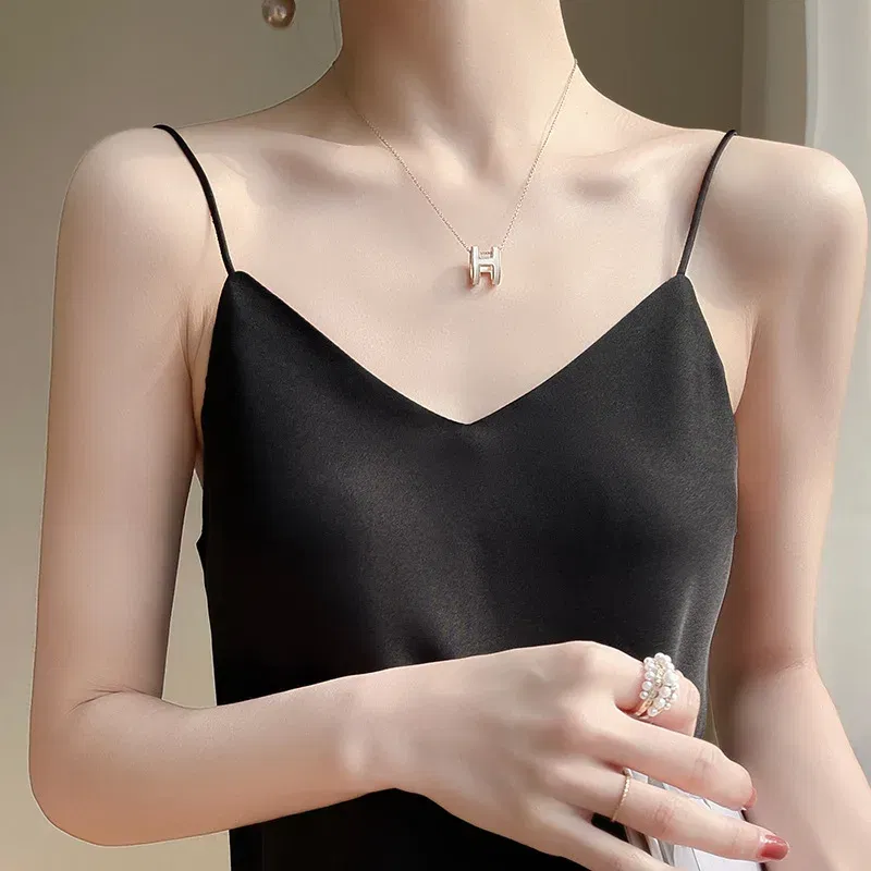 Color: Red, Size: L - Fashion Silky Camisole Women's Inner With White Bottoming Satin Top Summer V-neck Thin Section