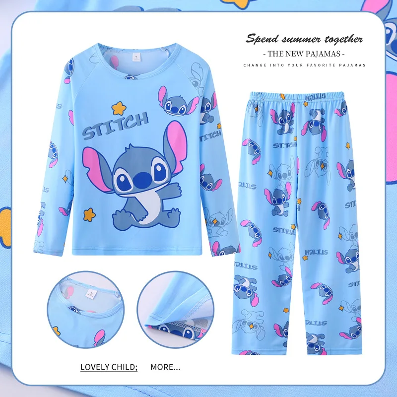 Color: Beige, Kid Size: 7 - 2pcs/set New Disney Stitch Children Pyjamas for Boys and Girls Sets Kid Minnie Home Wear Travel Casual Sleepwear Suit Cute Gift