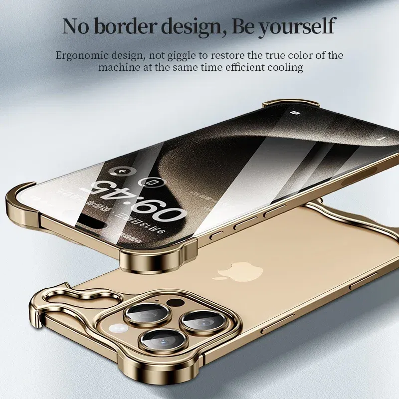 Color: WHITE, Material: Genuine leather - Aluminum Metal Rimless Phone Case for iPhone 16 15 14 Plus 13 12 Pro Max Lens Protective Film Hollow Logo Cooling Accessory Case