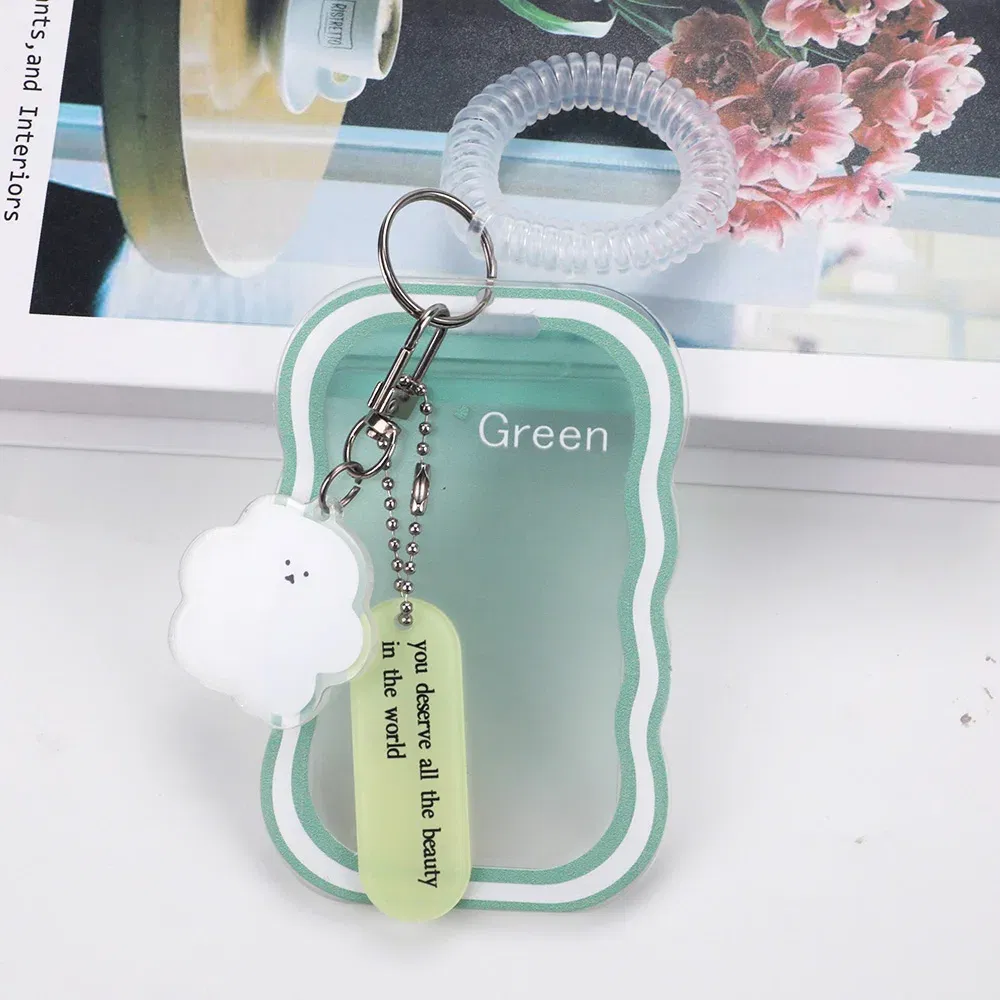 Color: green - INS Transparent Photocard Holder with Spring Keychain Idol Photo Protective Case 3 Inch Photo Card Holder Student ID Card Cover
