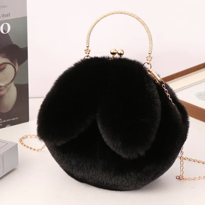 Color: black - Adorable Rabbit Ears Fluffy Crossbody Bag Women Stylish Chain Shoulder Handbag New