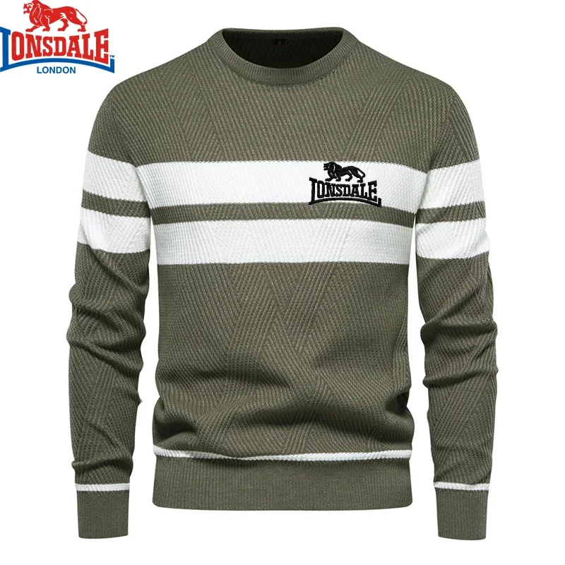Color: SKY BLUE, Size: M - Embroidered LONSDALE Mens Boys Winter Stripe Sweater Thick Warm Pullovers Men's O-neck Basic Casual Slim Comfortable Sweaters