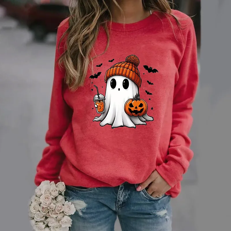 Color: Red, Size: XXL - Cute Ghost Pattern Sweater Women's Casual Halloween Ghost Harajuku Pullover Fall Women's Tops