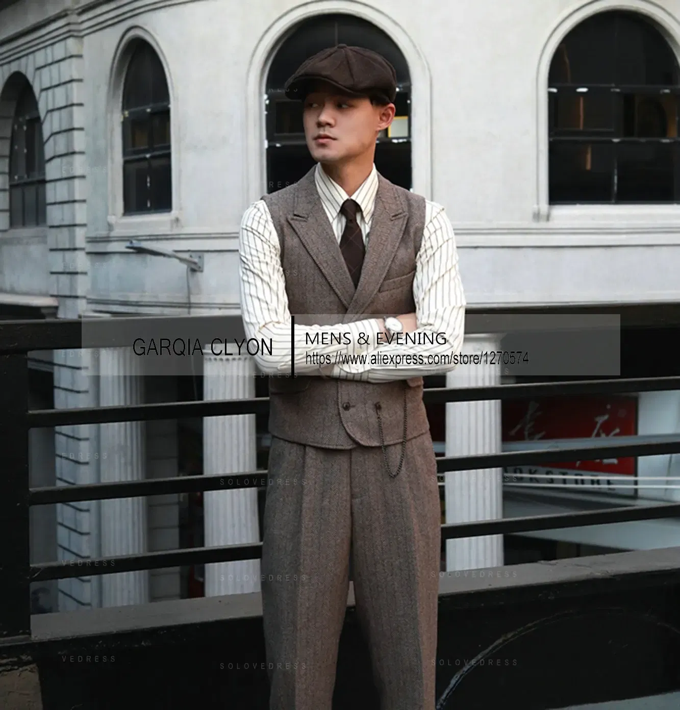 Color: Khaki, Size: L - Tweed Herringbone 3 Pieces Herringbone Men's Business Suits Single Breasted Slim Fit Groom Formal Suits?€Blazer+vest+Pants?‰