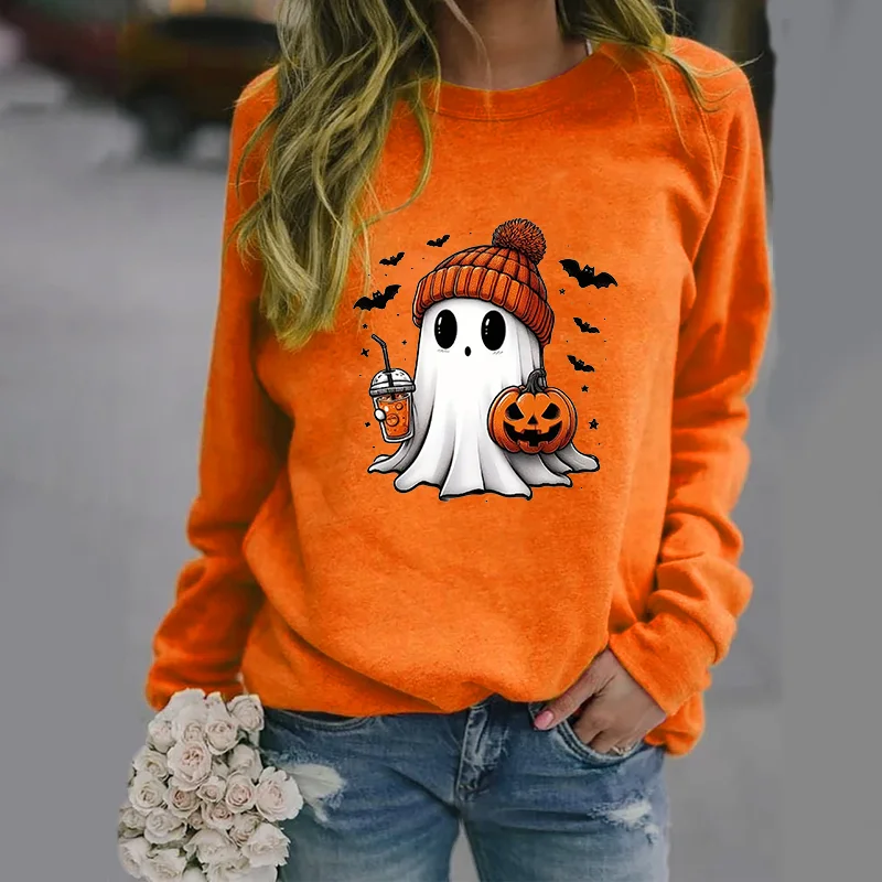 Color: Red, Size: XL - Cute Ghost Pattern Sweater Women's Casual Halloween Ghost Harajuku Pullover Fall Women's Tops