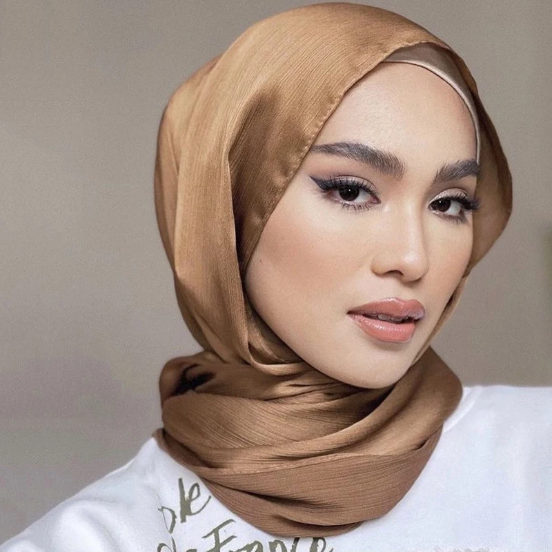 Color: GRAY - Hot Premium Satin Crinkle Hijab Scarf Chiffon Shawl Plain Muslim Women Hijabs Breathab Islam Women Turban Pleated Scarf Ramadan