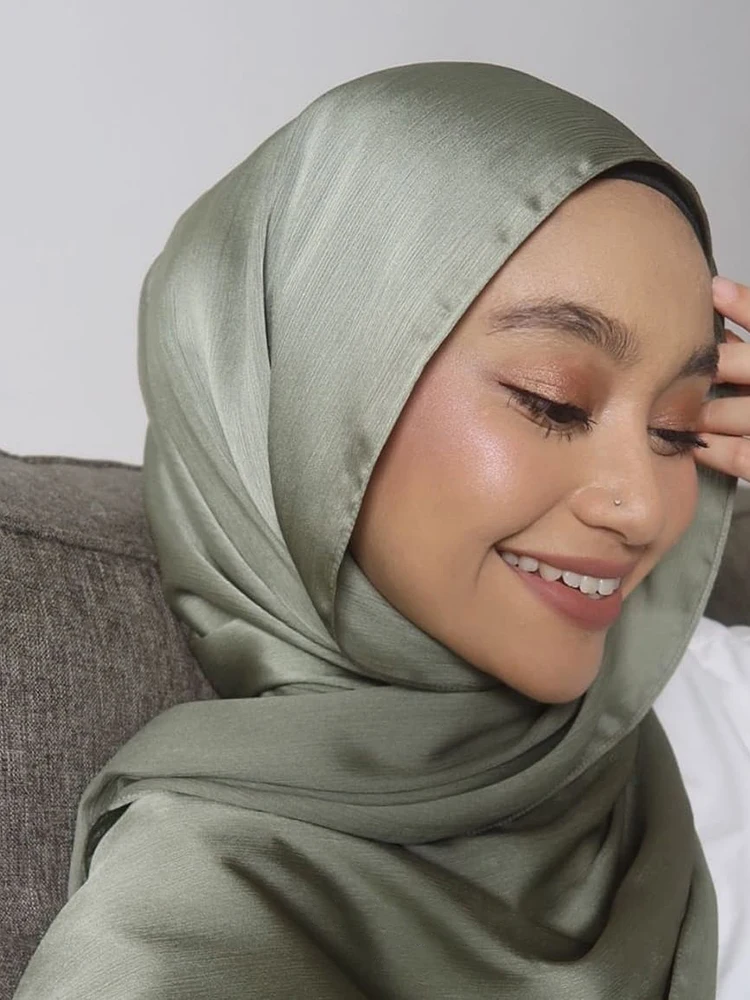 Color: GRAY - Hot Premium Satin Crinkle Hijab Scarf Chiffon Shawl Plain Muslim Women Hijabs Breathab Islam Women Turban Pleated Scarf Ramadan